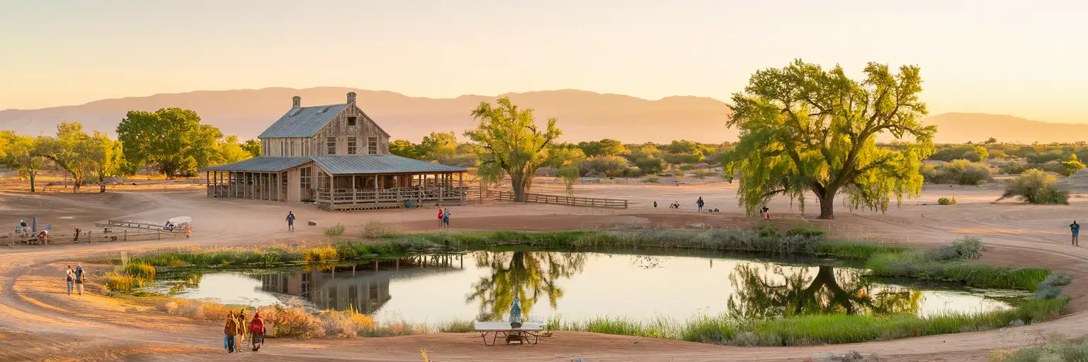 Golden-hour exterior view of Floyd Lamb Park at Tule Springs with the historic ranch area, ponds, and desert landscape in Las Vegas