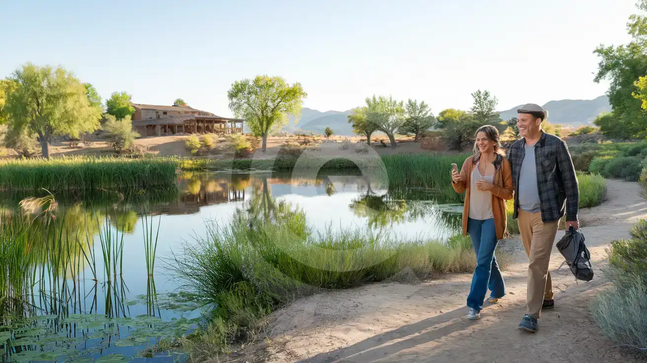 Mixed couple walking beside a pond at Floyd Lamb Park at Tule Springs with ranch buildings and desert-edge greenery in view