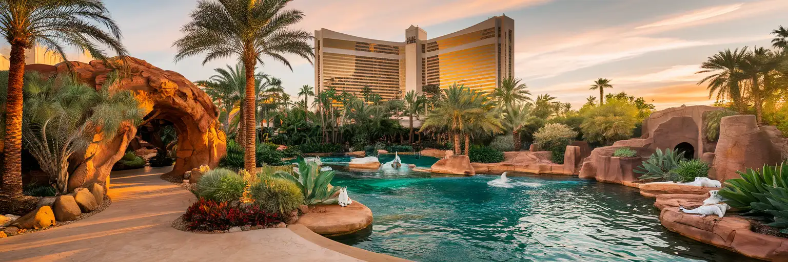 The Mirage Las Vegas'taki Siegfried & Roy'un Secret Garden ve Dolphin Habitat'ı, tropikal bahçeler ve yunus havuzları ile altın saatlerde