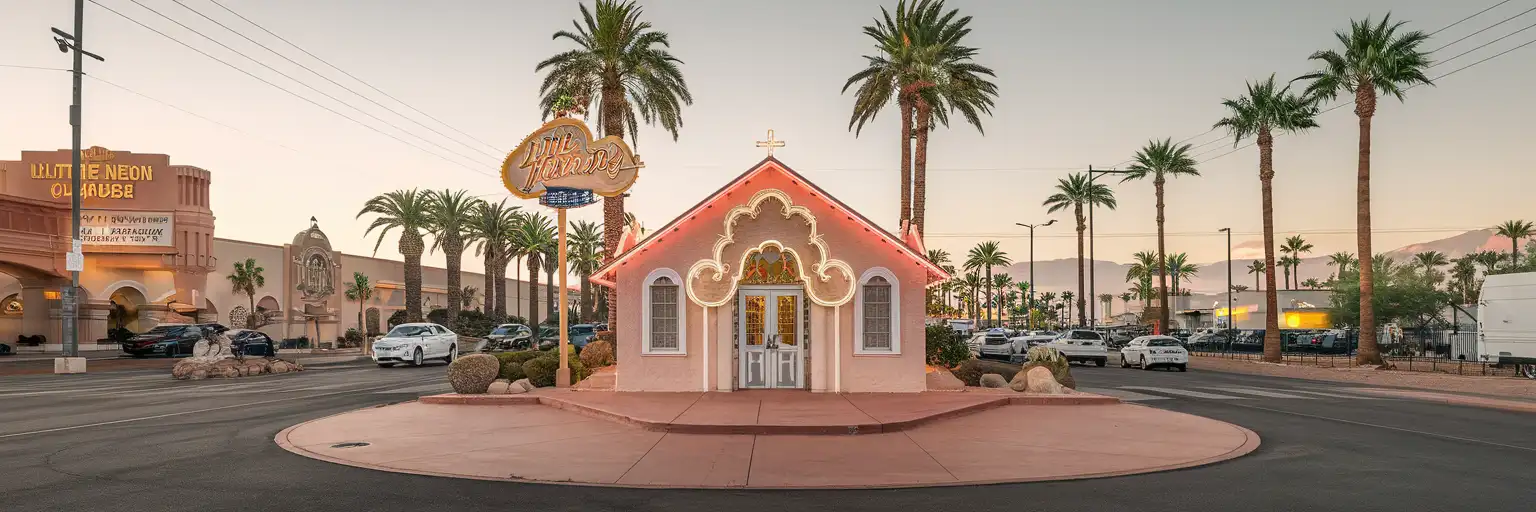 Las Vegas'ta altın saatlerde The Little Neon Chapel'in dışarıdan görünümü