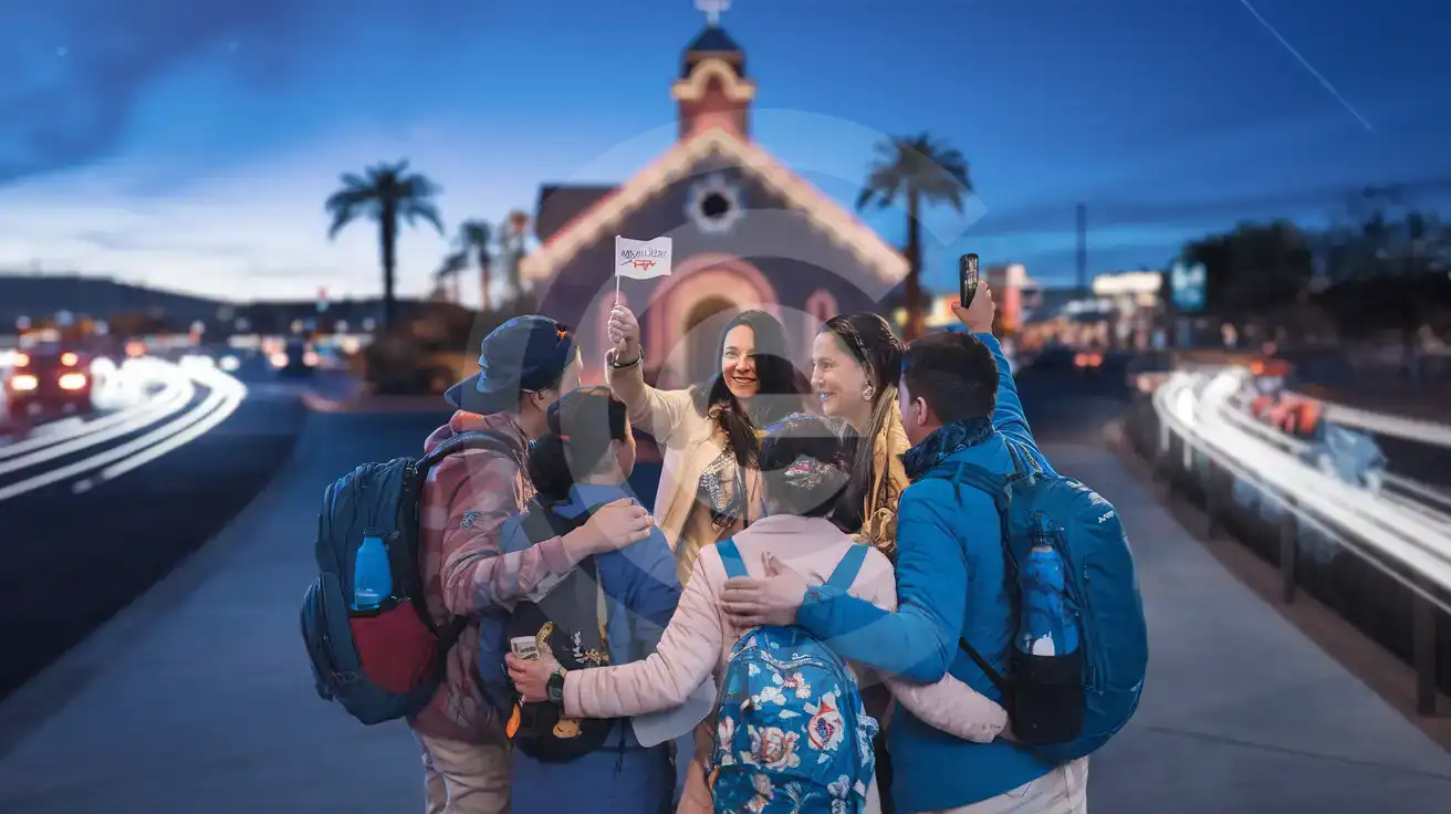 Güney Las Vegas Bulvarı'ndaki The Little Neon Chapel yakınında kayıt yapan rehberli tur grubu