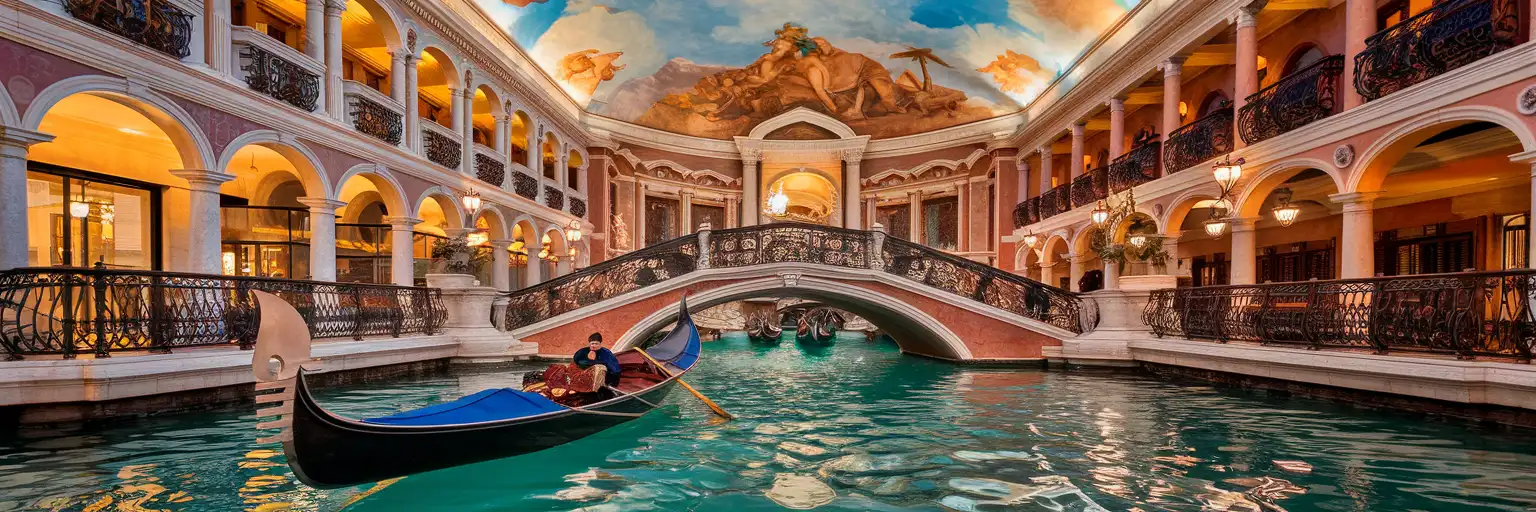 Venetian-style gondolas gliding along the Grand Canal inside The Venetian Las Vegas with painted sky ceiling and ornate bridges