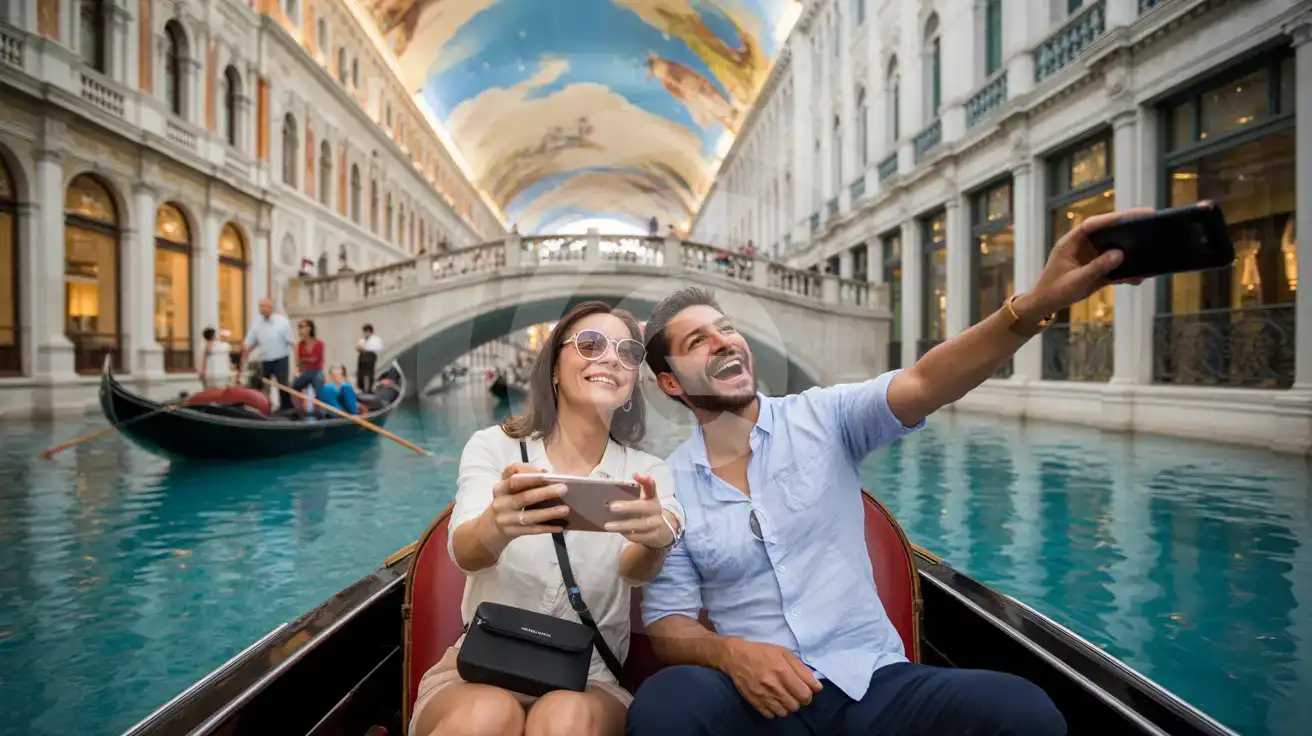 Couple filming the painted ceiling from a gondola inside The Venetian Grand Canal Shoppes Las Vegas