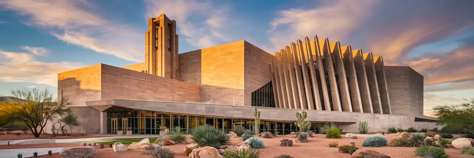 The Art Deco-inspired facade and carillon tower of The Smith Center for the Performing Arts in Las Vegas at golden hour