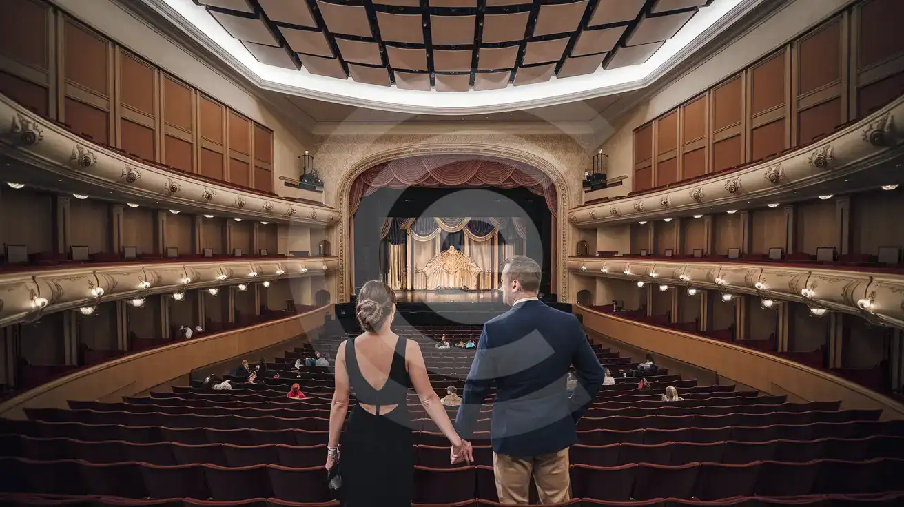 A honeymoon couple photographing the Art Deco interior of Reynolds Hall at The Smith Center Las Vegas