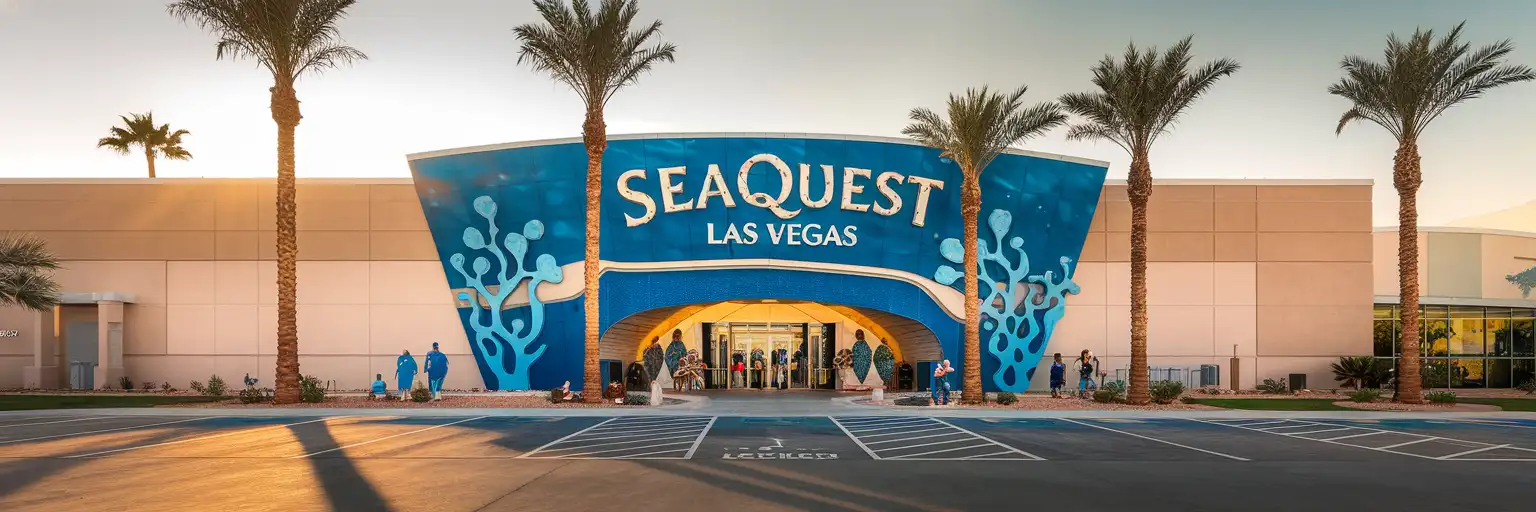 Entrada exterior del acuario interactivo SeaQuest Las Vegas en Boulevard Mall durante la hora dorada
