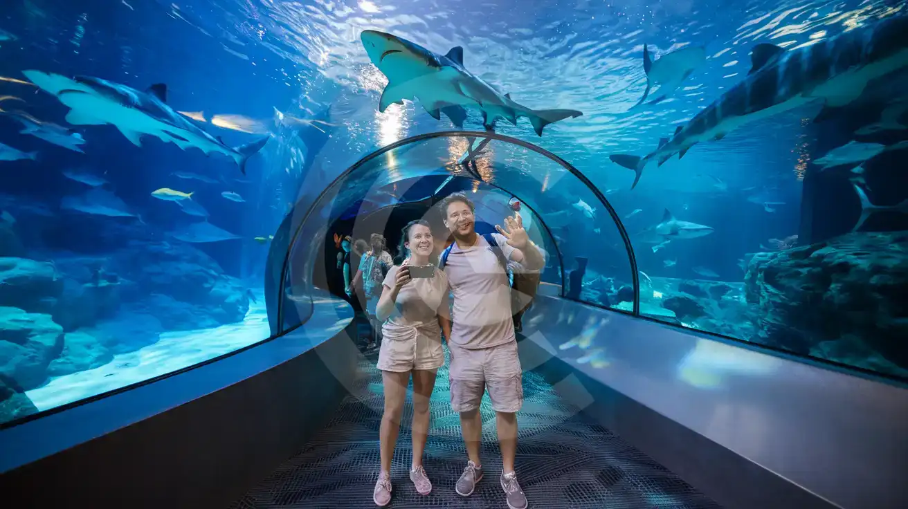 Pareja fotografiando tiburones sobre sus cabezas en el túnel de SeaQuest Las Vegas