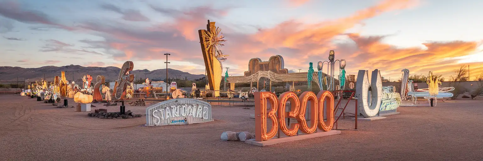 Vintage neon signs from classic Las Vegas casinos arranged across the Neon Boneyard outdoor exhibition at golden hour