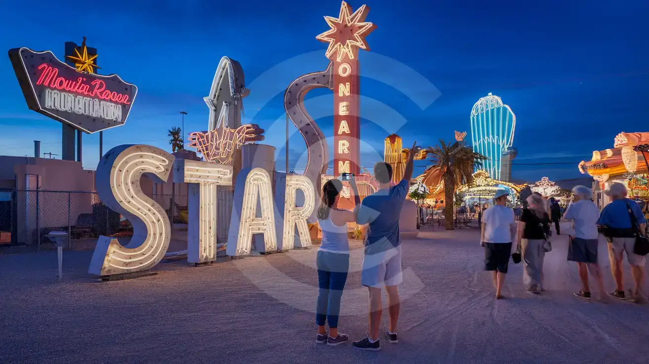 A couple photographing vintage neon signs inside the Neon Boneyard at blue hour twilight in Las Vegas