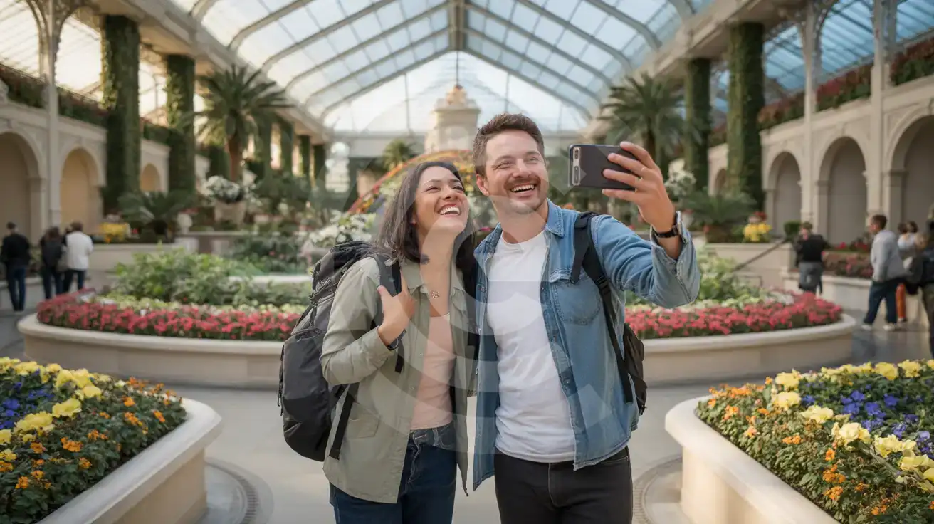 A couple enjoying the seasonal floral displays inside Bellagio Conservatory & Botanical Gardens in Las Vegas