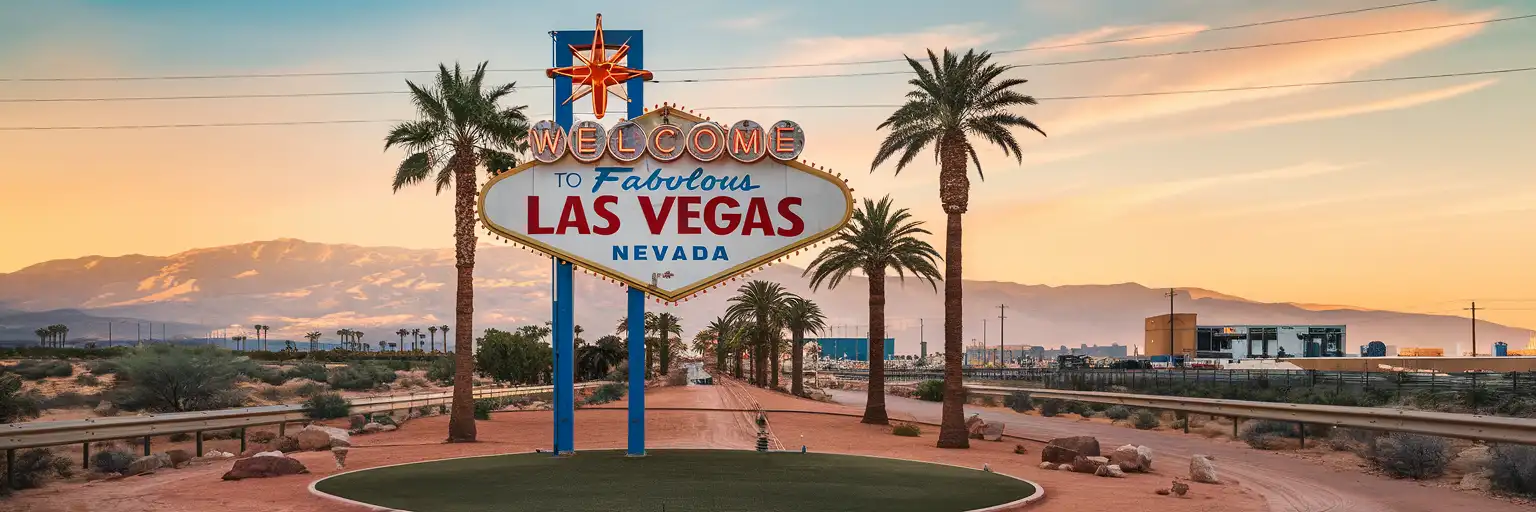 The iconic Welcome to Fabulous Las Vegas Nevada sign glowing at golden hour with palm trees and desert mountains in the background