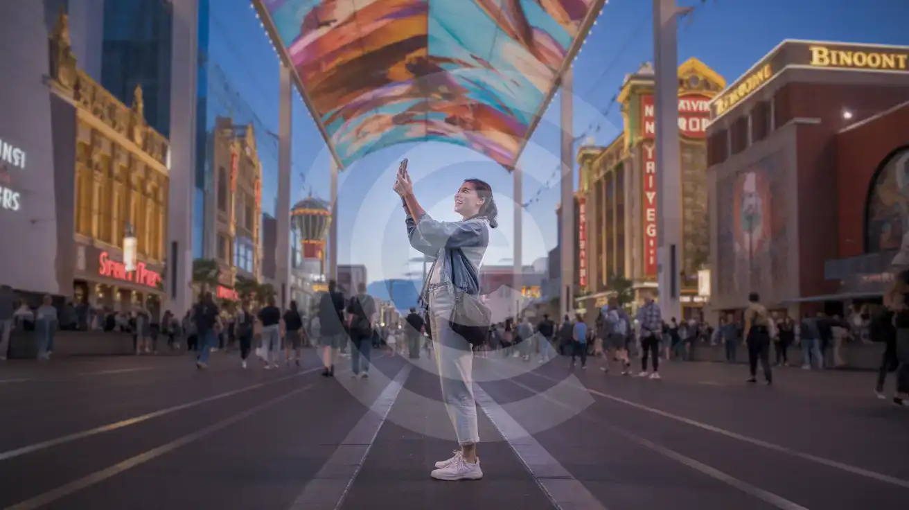 Solo female traveler photographing the Fremont Street Experience LED canopy and vintage neon signs at dusk in downtown Las Vegas