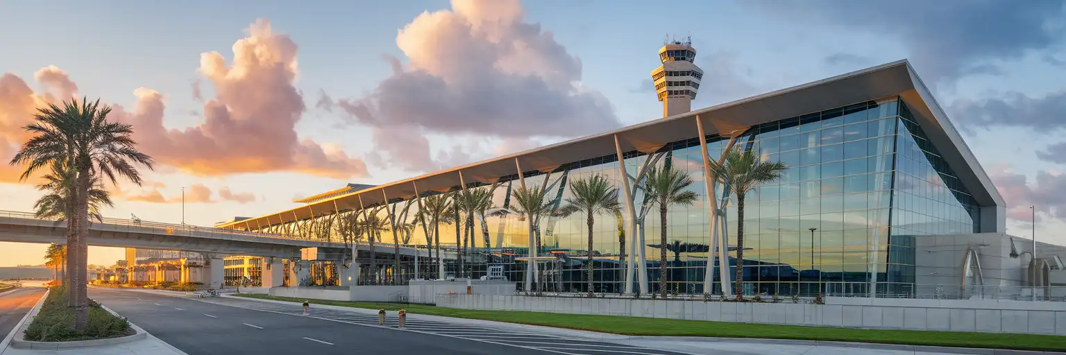 Orlando International Airport Terminal C facade at golden hour with palm trees and control tower