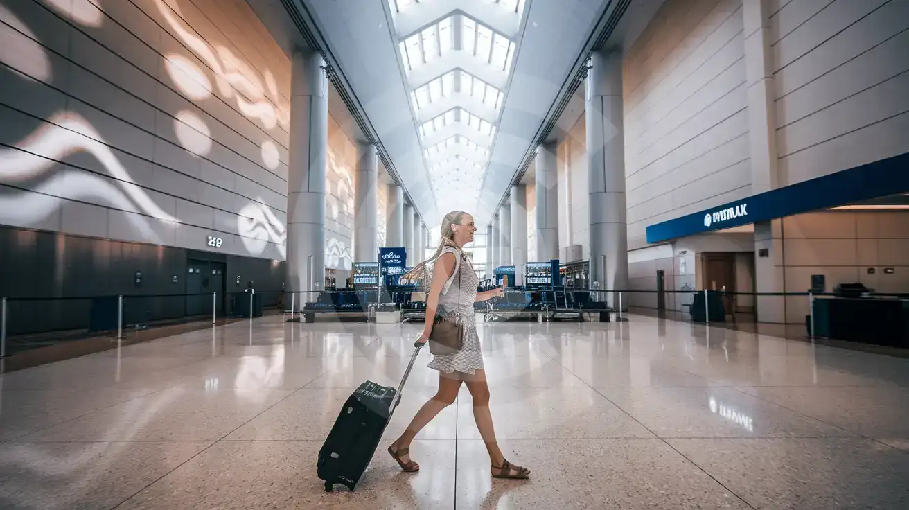 Solo female traveler walking through Orlando International Airport Terminal C Boulevard concourse with rolling suitcase and smartphone