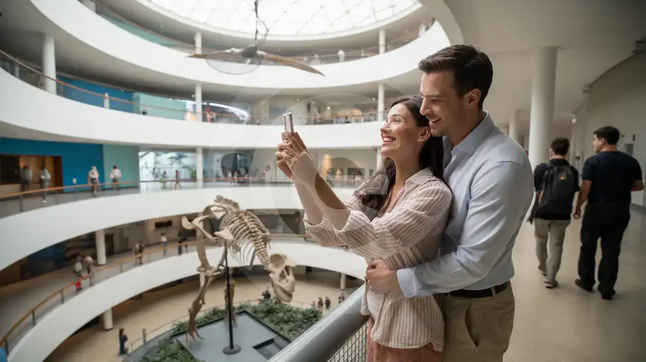 Couple exploring Orlando Science Center interior atrium with smartphone, multi-story exhibits and natural light through glass ceiling