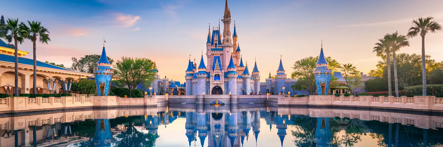 Cinderella Castle at Magic Kingdom during golden hour with Main Street USA in foreground