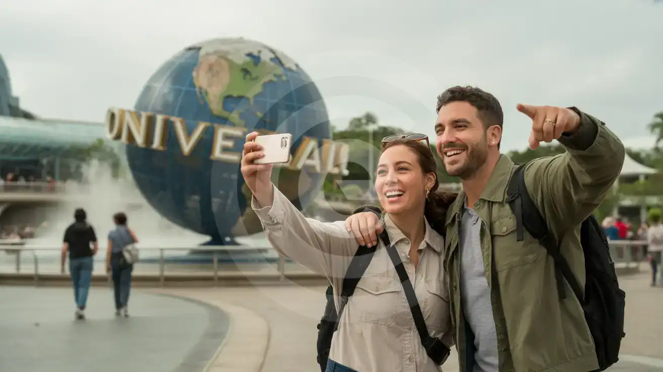 Mixed couple photographing the Universal Studios globe at CityWalk entrance in Orlando
