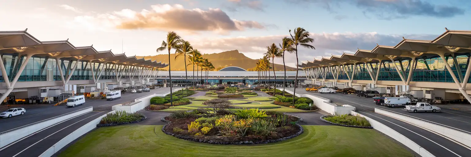 Exterior view of Daniel K. Inouye International Airport Terminal 2 at golden hour with Diamond Head visible in the distance and tropical landscaping