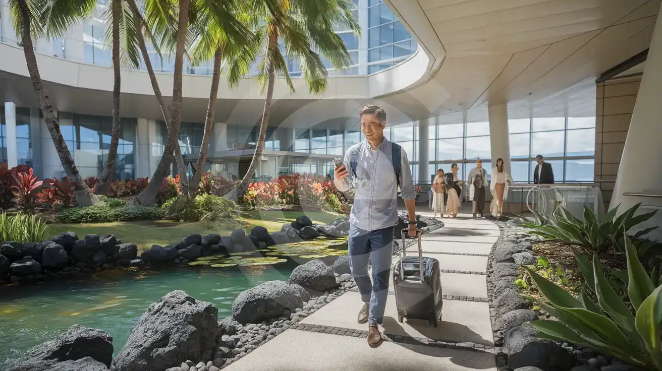 Solo male traveler walking through the open-air Cultural Gardens at Daniel K. Inouye International Airport Terminal 2 with smartphone in hand