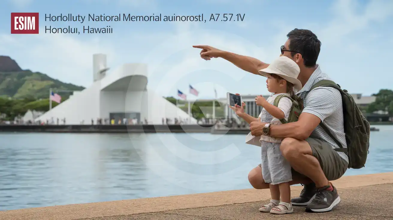 Family with child viewing the USS Arizona Memorial across Pearl Harbor waters on a clear Honolulu day
