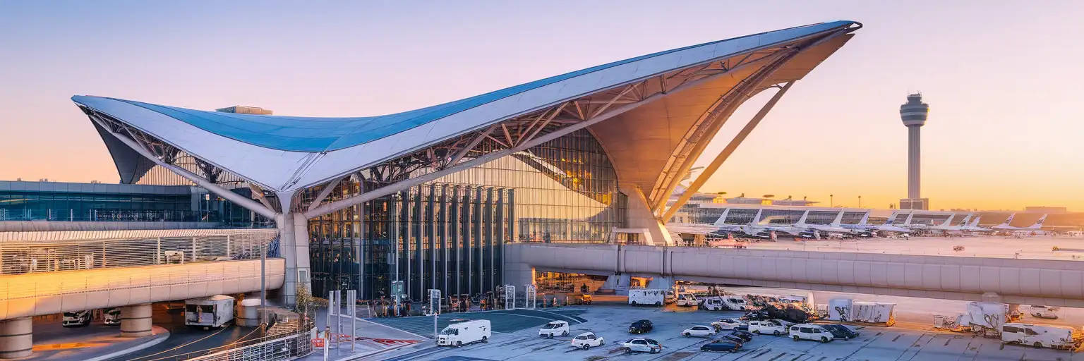 O'Hare International Airport Terminal 1 glass-and-steel facade at golden hour with aircraft and control tower visible