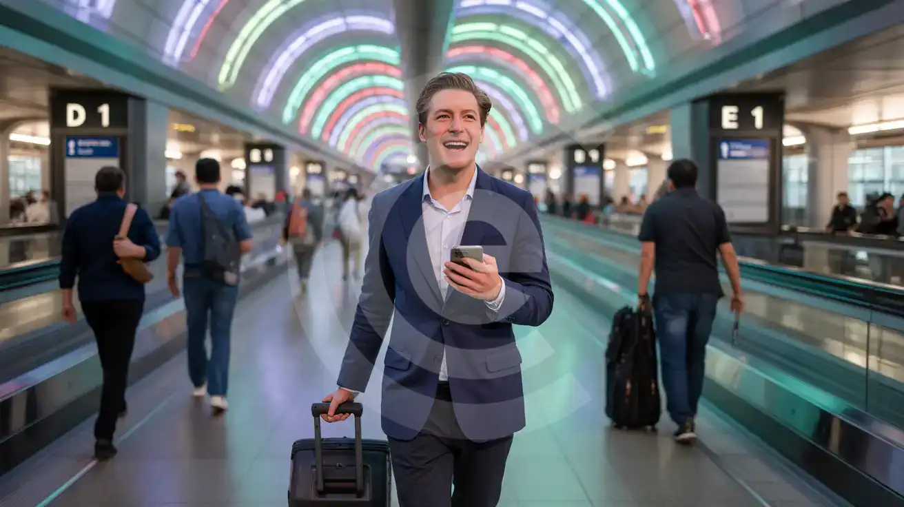 Business traveler walking through O'Hare Terminal 1 neon tunnel with smartphone and rolling carry-on