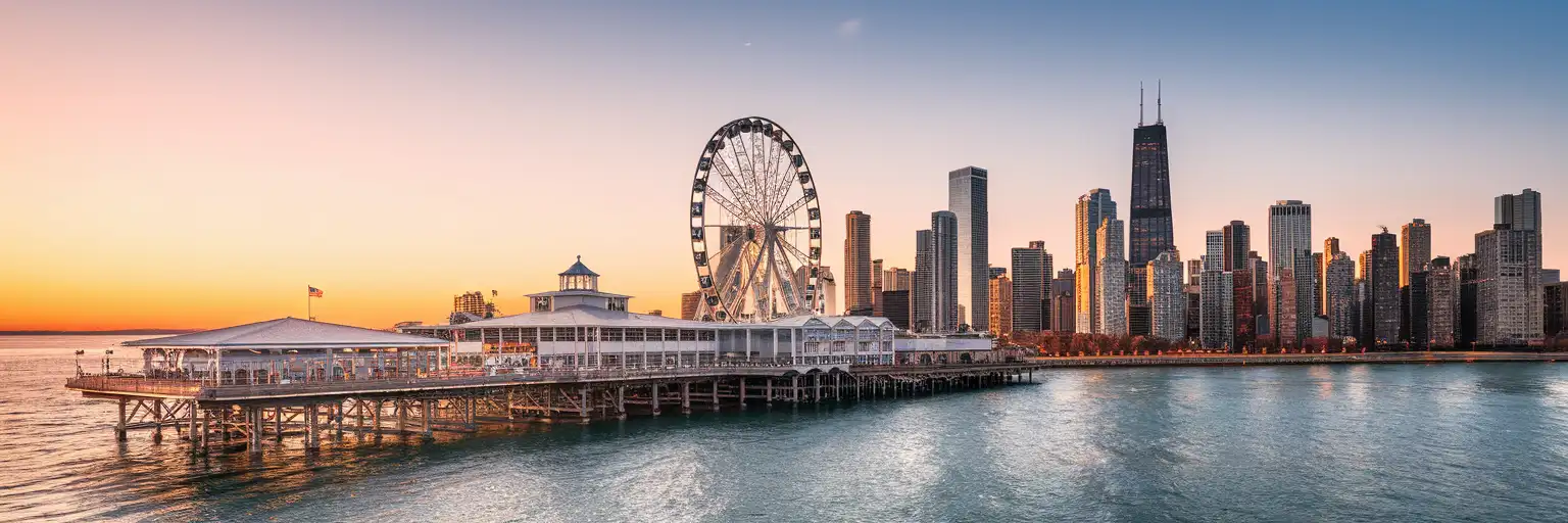 Wide golden-hour exterior view of Navy Pier in Chicago with the Centennial Wheel and lakefront skyline