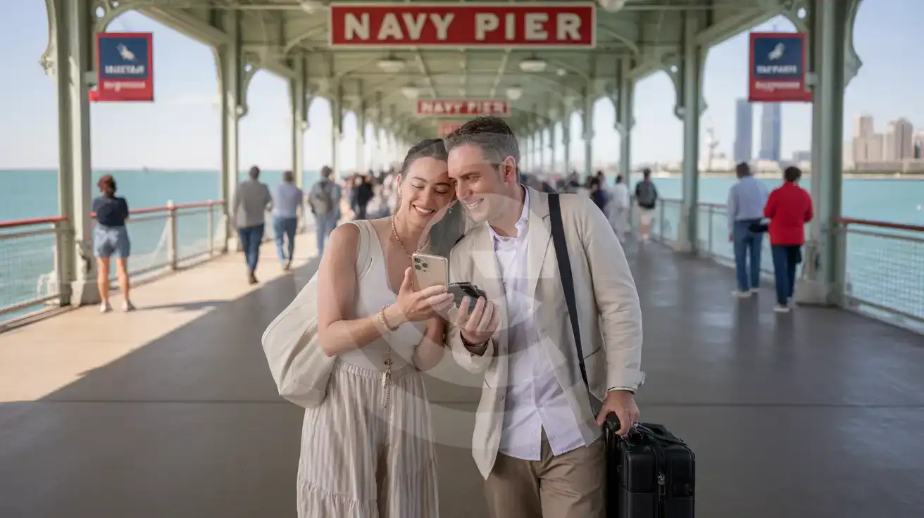 Honeymoon couple using a phone together inside the promenade at Navy Pier in Chicago