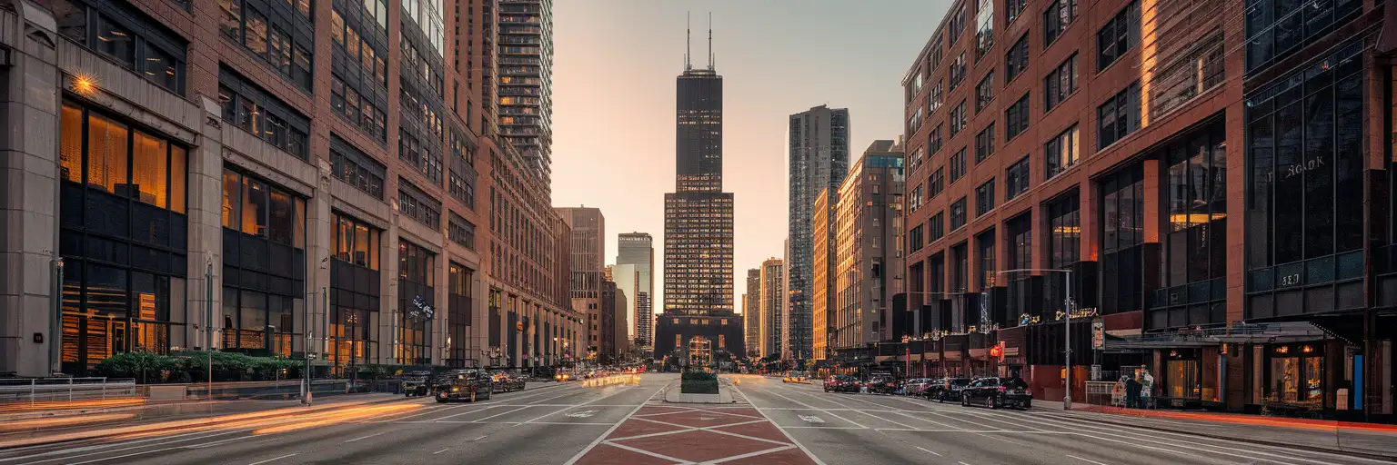 Exterior view of Willis Tower, home of Skydeck Chicago, at golden hour in downtown Chicago