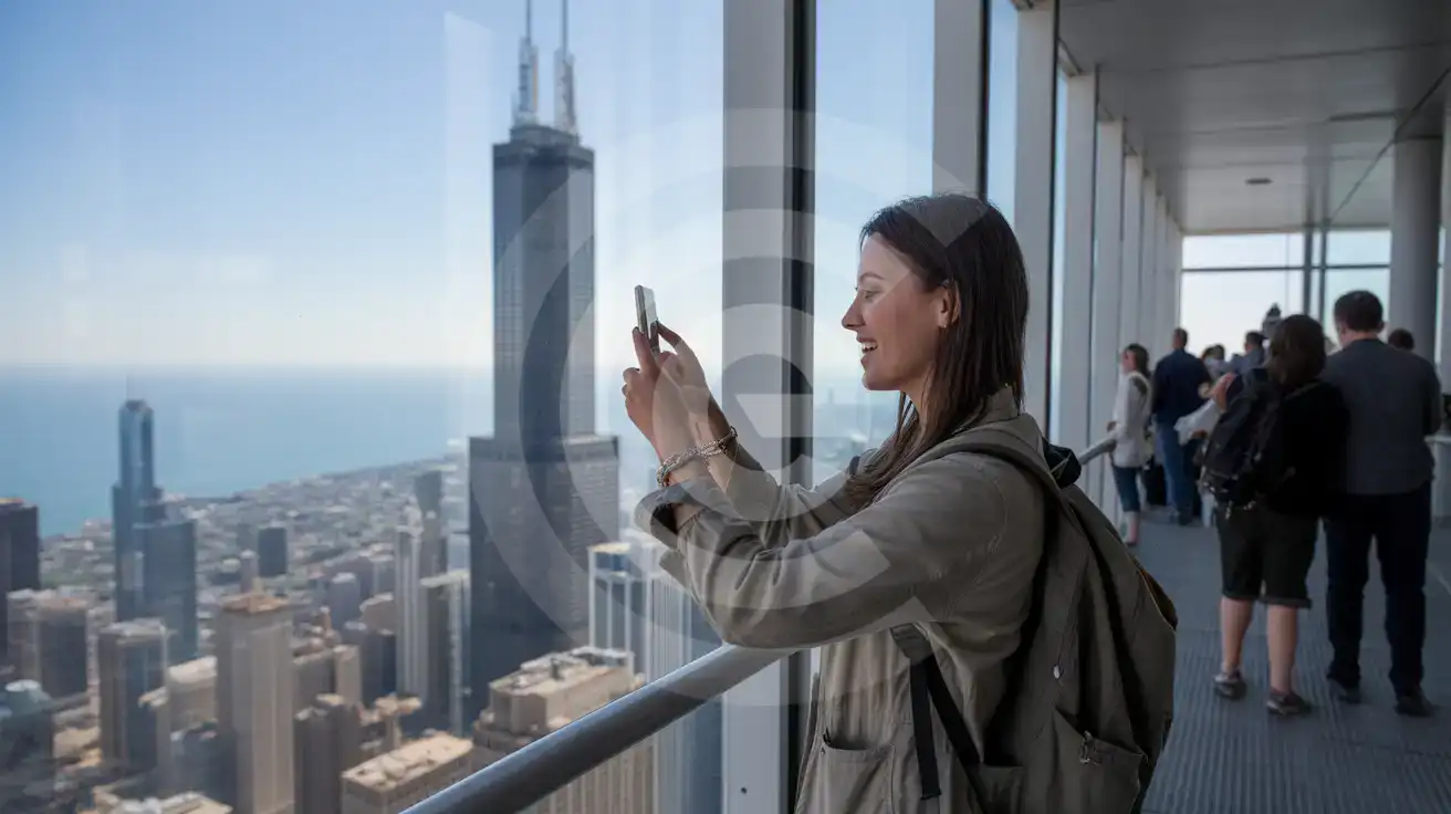 Solo female traveler photographing the Chicago skyline from the glass Ledge at Skydeck Chicago inside Willis Tower