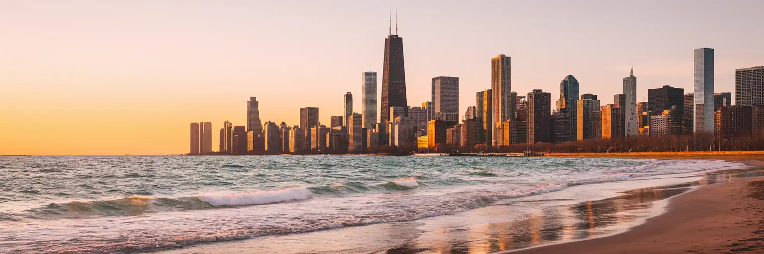 Chicago skyline at golden hour viewed from North Avenue Beach with Lake Michigan in the foreground
