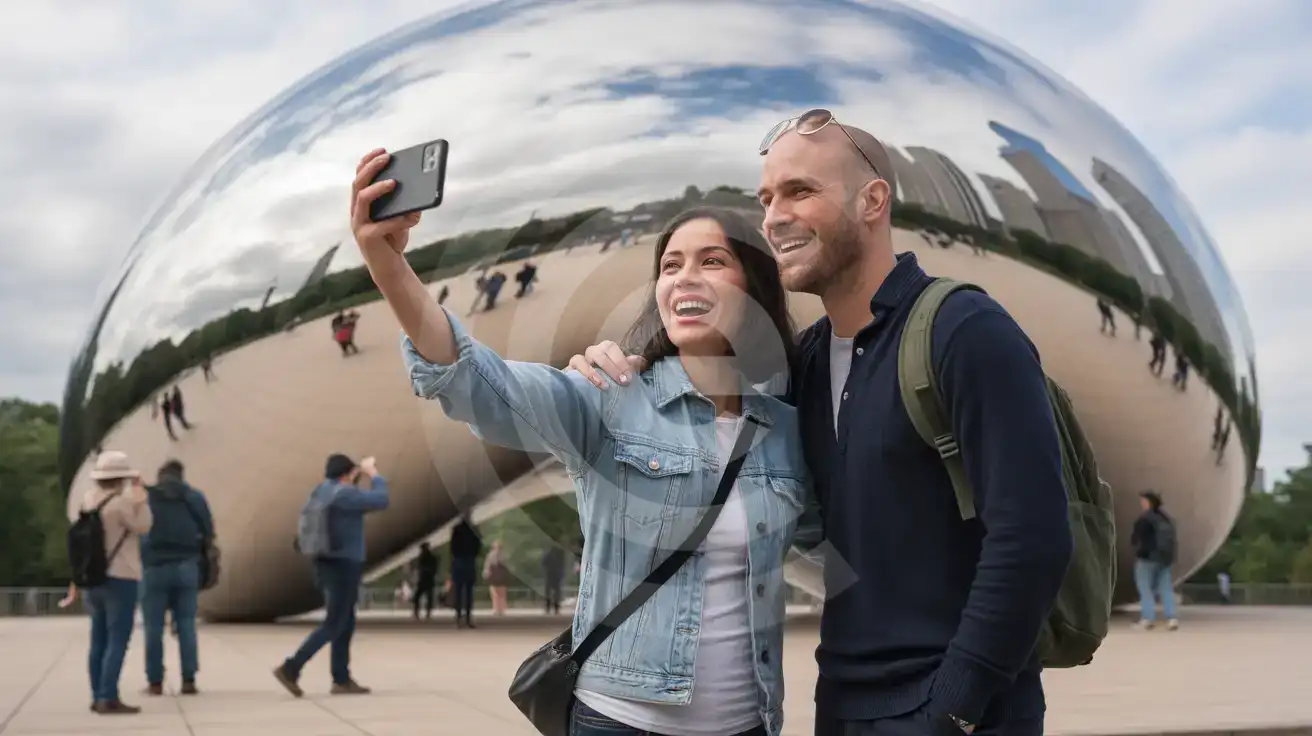 A couple photographing their reflection in Cloud Gate at Millennium Park, Chicago