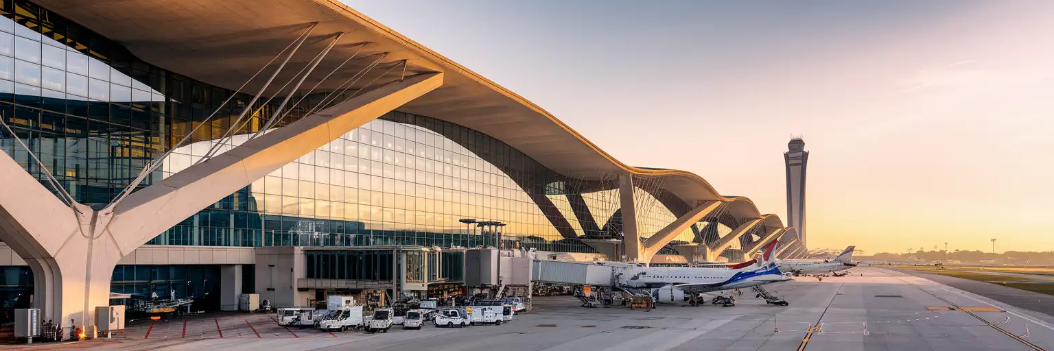 Eero Saarinen'in Washington Dulles Uluslararası Havalimanı'ndaki ikonik Ana Terminali, altın saatlerde geniş çatısı ve cam cephe duvarlarıyla
