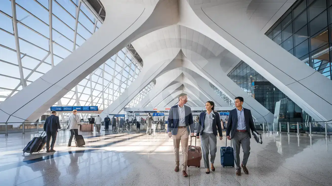 Washington Dulles Uluslararası Havalimanı'ndaki Eero Saarinen tasarımı Ana Terminal'de yürüyen iş seyahatindekiler; beyaz tavan ve cam duvarlar dikkat çekiyor