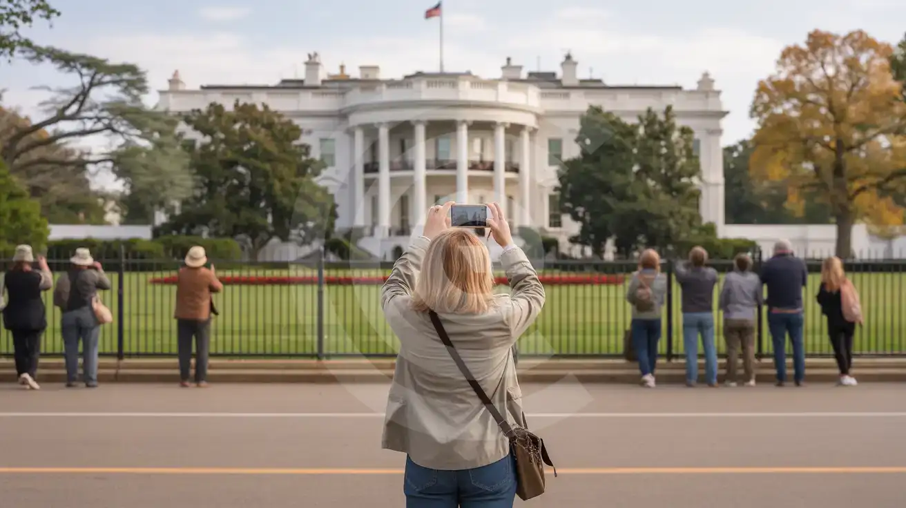 Solo female traveler photographing the White House South Portico from the Ellipse viewing area