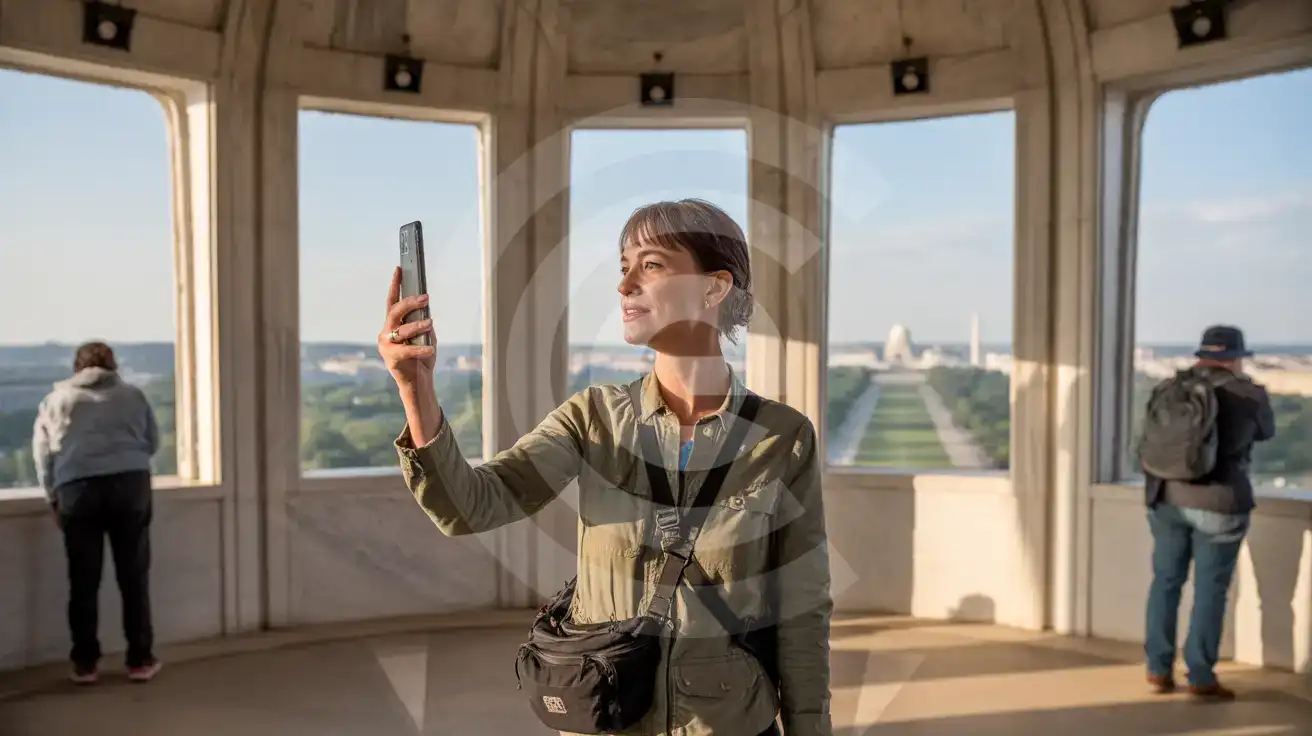 Solo female traveler photographing the U.S. Capitol view from Washington Monument observation deck through small rectangular window