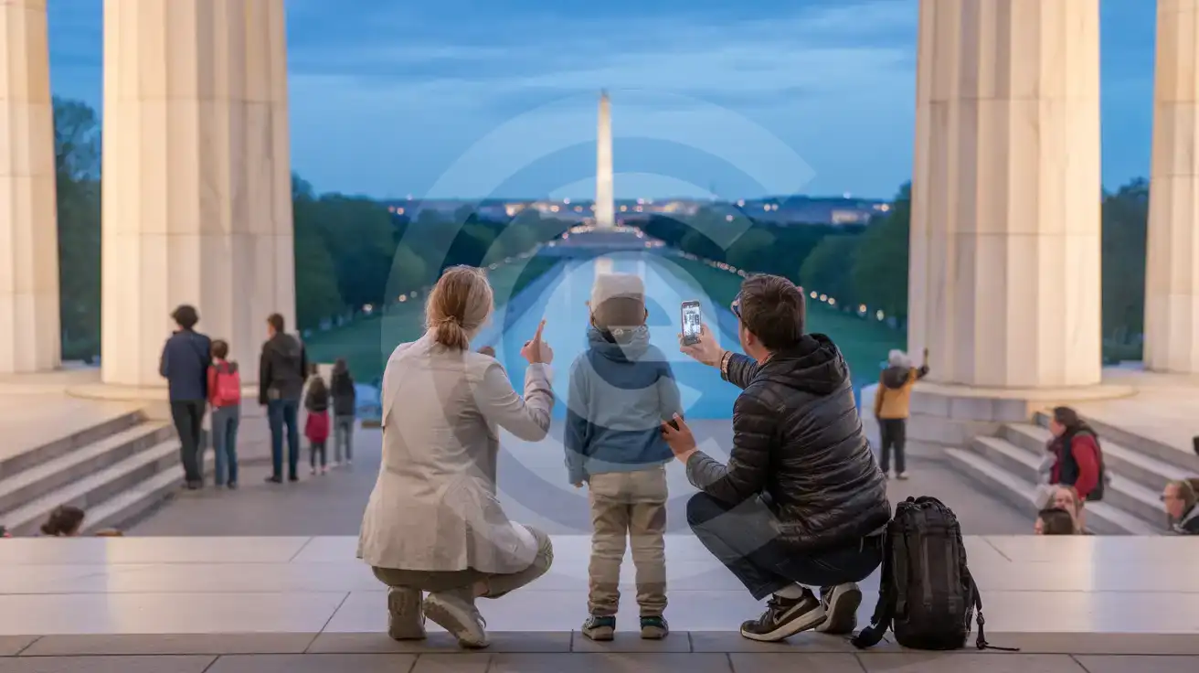 Familia con niño fotografiando la estatua del Memorial de Lincoln al anochecer en el National Mall
