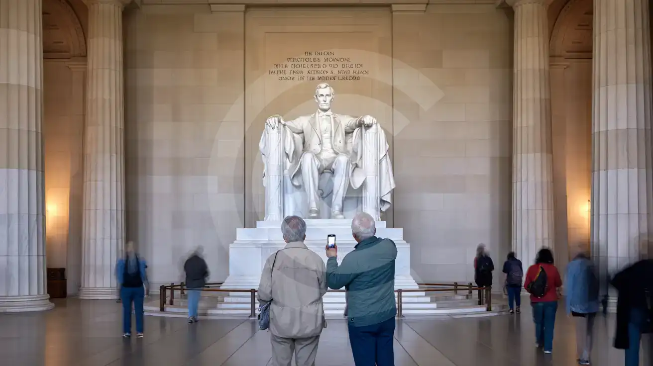 Un cuplu în vârstă fotografiind statuia lui Lincoln în interiorul camerei memoriale