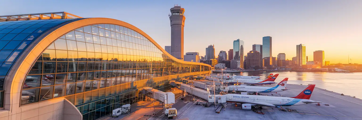 Boston Logan International Airport terminal facade with control tower and Boston Harbor at golden hour