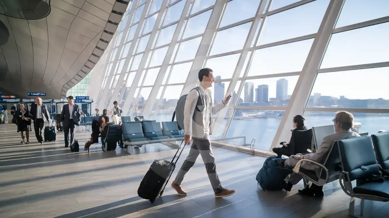 Solo male traveler walking through Boston Logan Terminal A concourse with Boston Harbor visible through glass walls