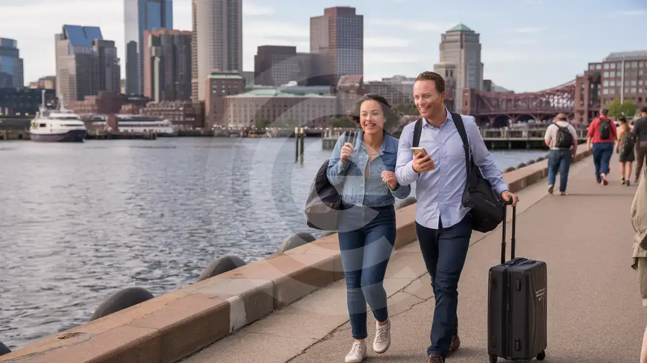 Mixed couple walking along the Boston Harbor waterfront promenade in the Seaport District with luggage and smartphone
