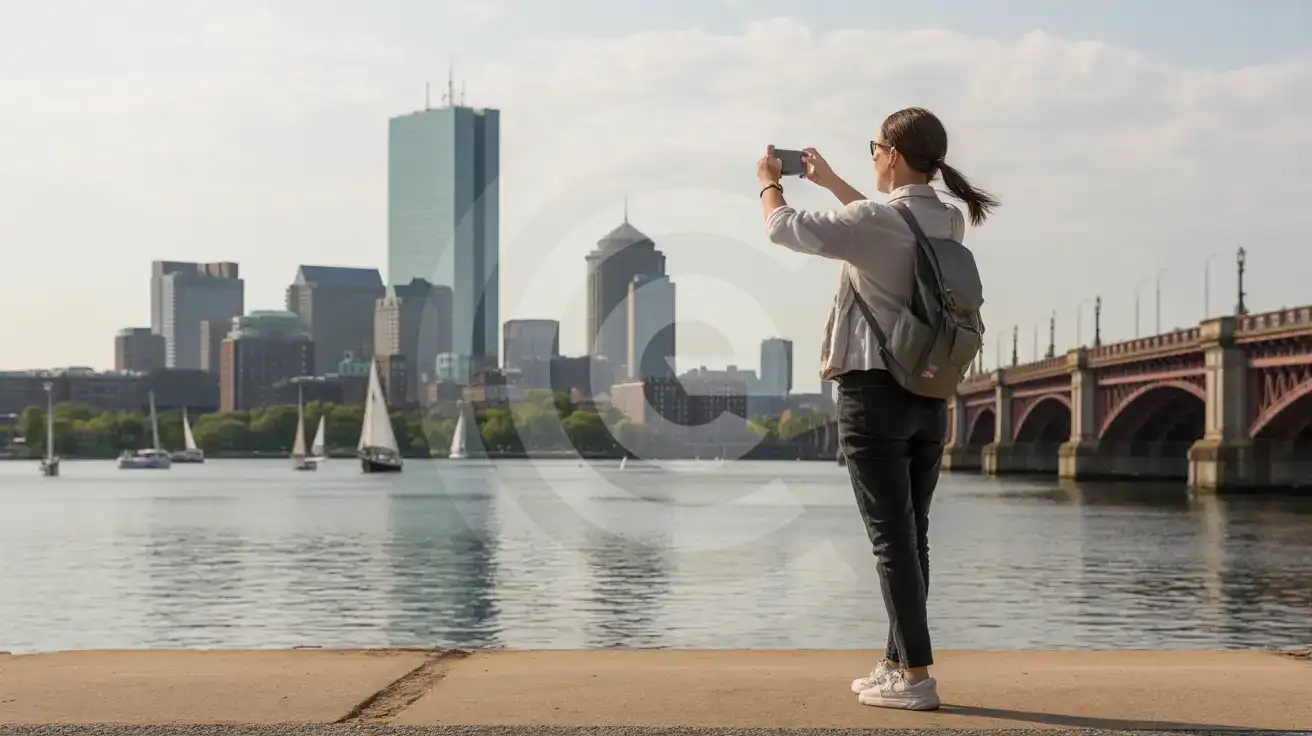 Solo female traveler photographing the Boston skyline from the Harvard Bridge over the Charles River