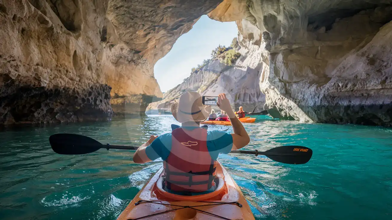 Solo male kayaker photographing the interior of a La Jolla sea cave with sunlight streaming through the opening and turquoise water reflections