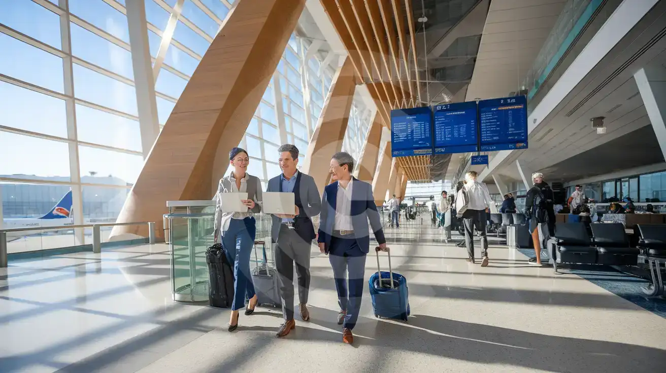 Business travelers walking through San Diego International Airport Terminal 2 West interior with wood-paneled columns and aircraft visible through windows