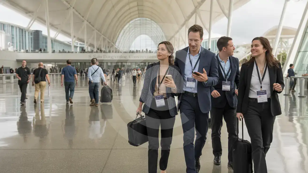 Business team walking through San Diego Convention Center Sails Pavilion with smartphone in hand