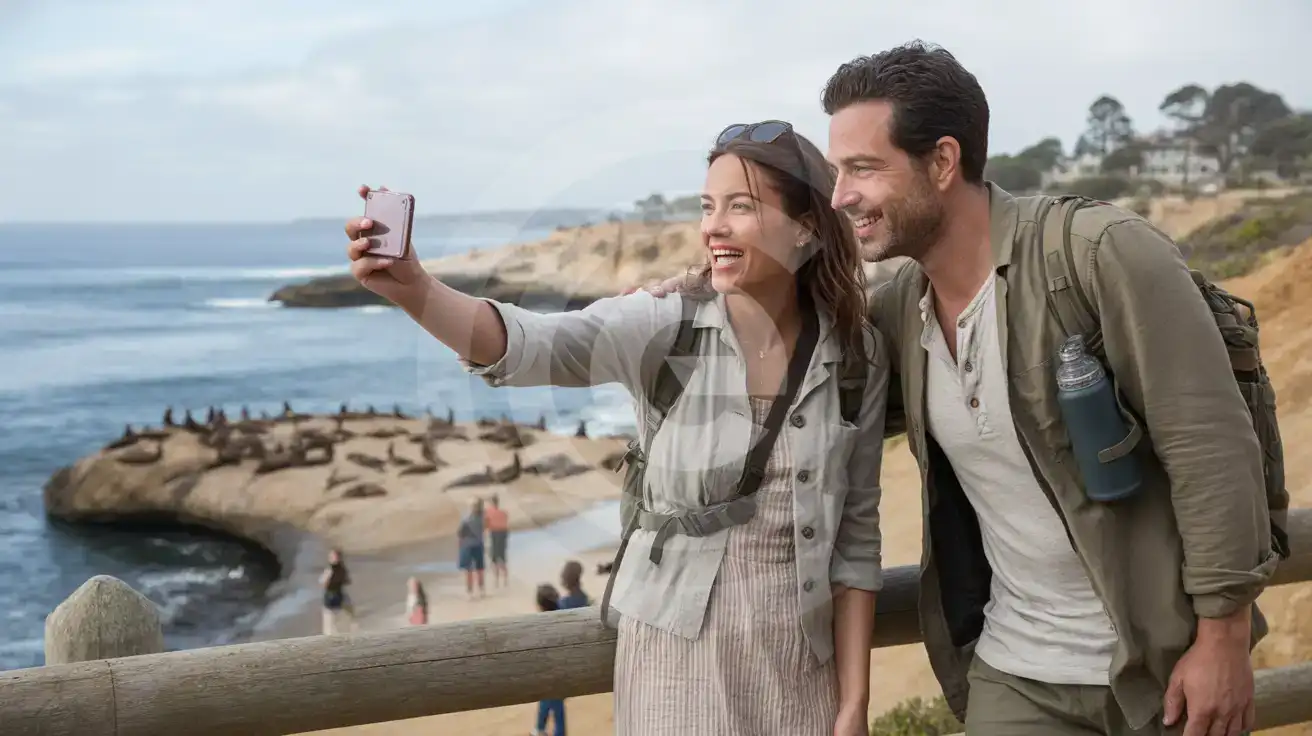 Couple photographing sea lions at La Jolla Cove in San Diego with Pacific Ocean backdrop