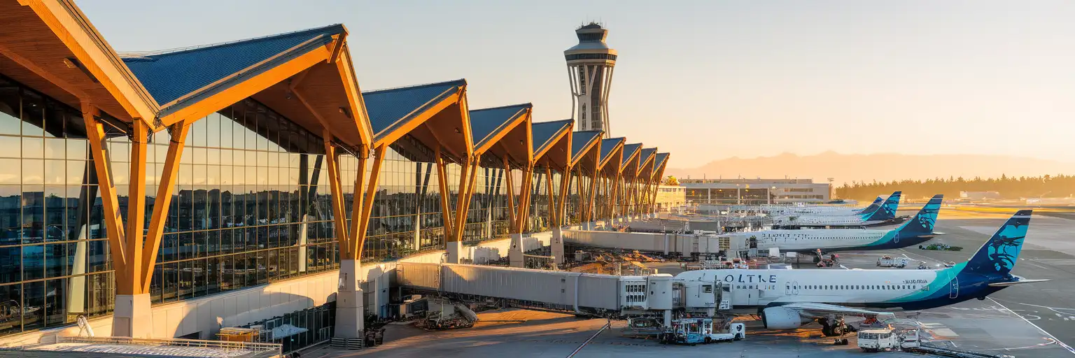 Seattle-Tacoma International Airport main terminal exterior at golden hour with Olympic Mountains in the background
