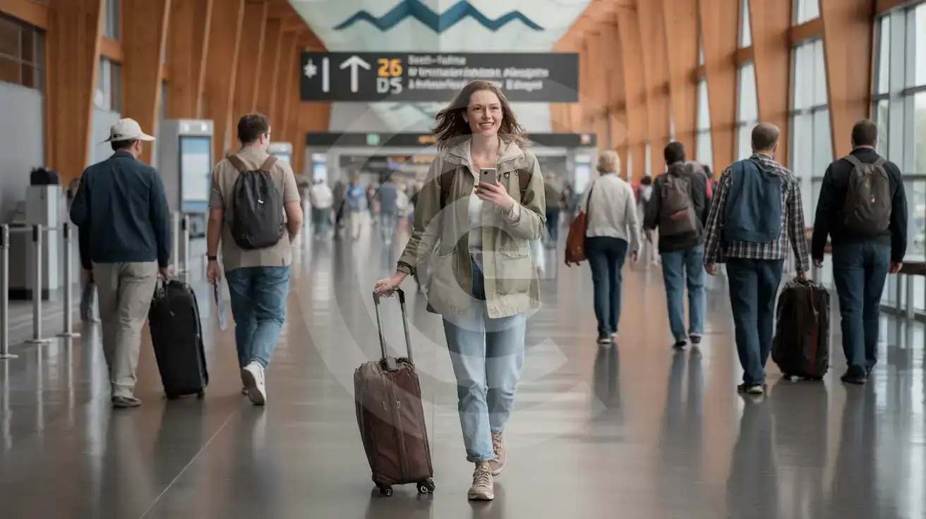 Solo female traveler walking through Seattle-Tacoma International Airport's cedar-paneled Central Terminal concourse with smartphone in hand