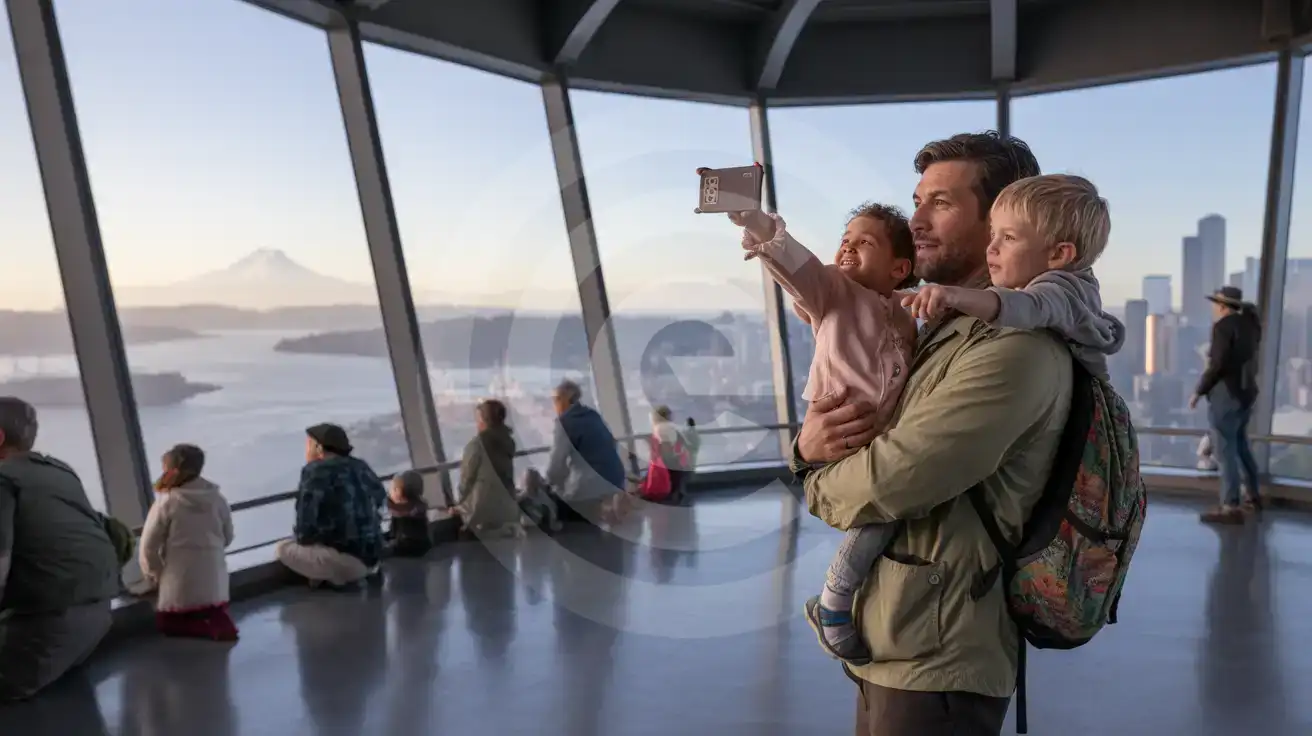A family photographing the Seattle skyline from inside the Space Needle Observation Deck with Mount Rainier visible in the distance