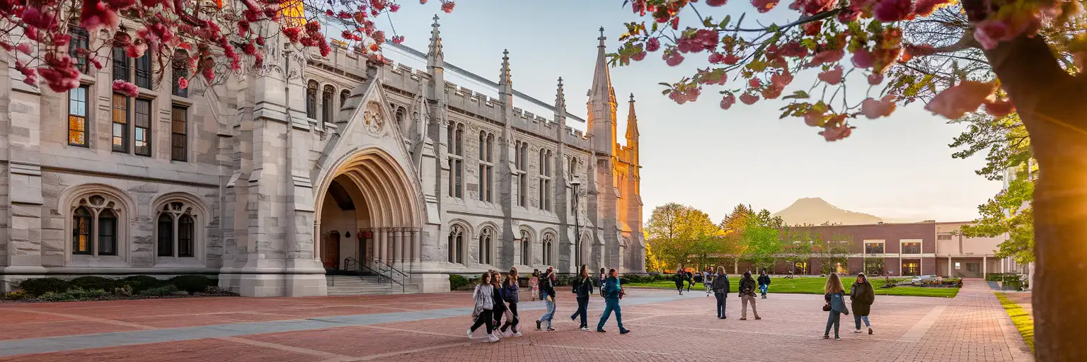 Suzzallo Library's Gothic facade at the University of Washington viewed from Red Square at golden hour